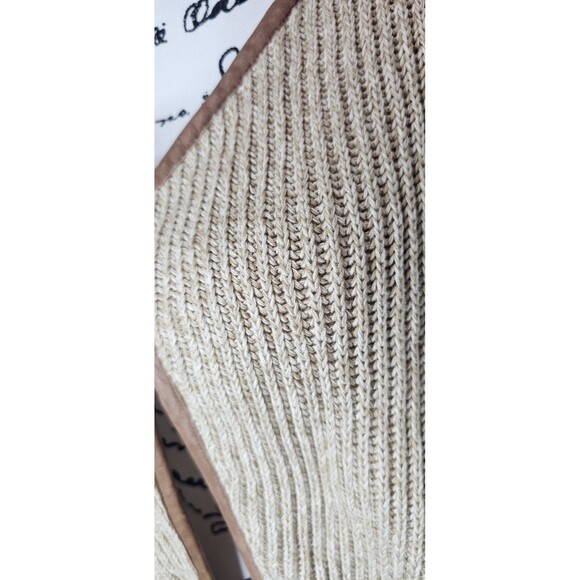 Lucky Brand Cardigan Sz L Tan Brown Chunky Knit Open Sweater Faux Leather Trim - Picture 3 of 13